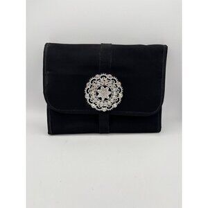 Black Satin Clutch With Silver Embellishment & Magnetic Closure